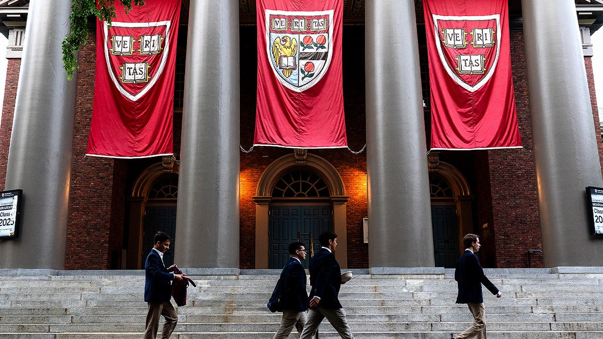 Students walking in front of Harvard banners