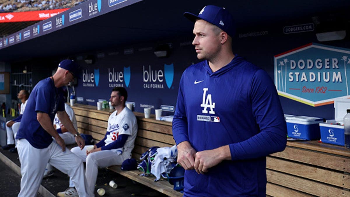 Tarik Skubal looks on in the dugout at Dodger Stadium.