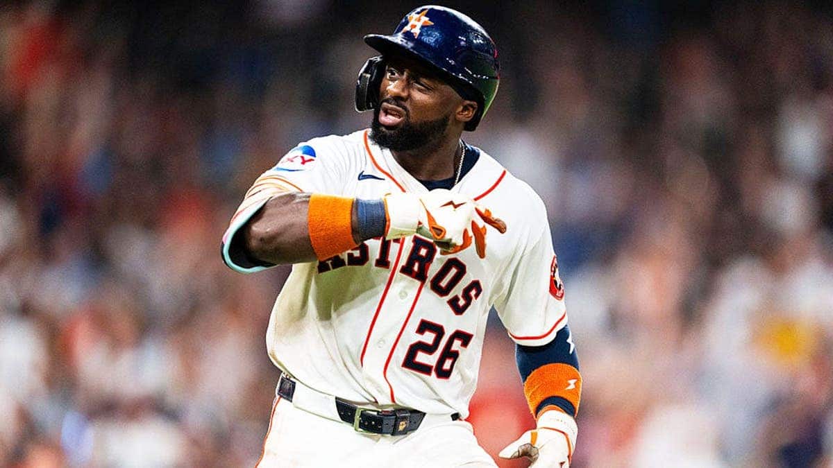 Taylor Trammell reacts after hitting a three-run home run at Daikin Park.