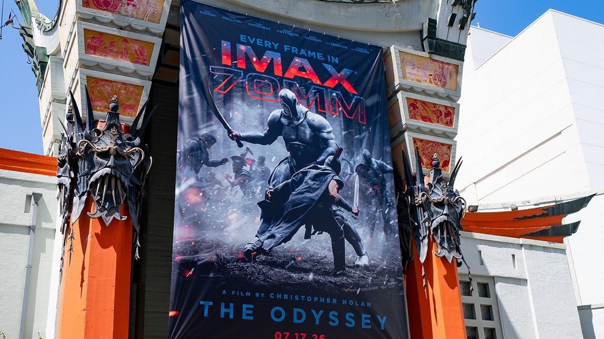 TCL Chinese Theatre marquee during opening weekend for The Odyssey in IMAX.