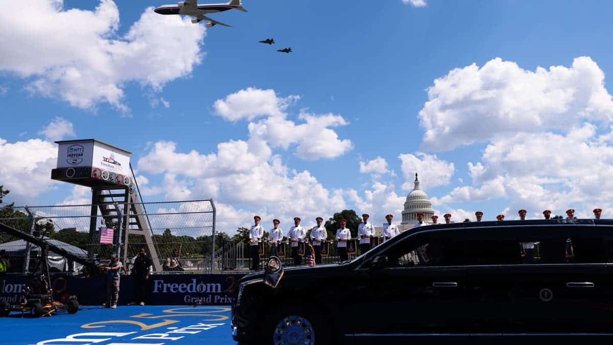 Donald Trump and Melania Trump ride in The Beast during a military flyover in Washington, D.C.