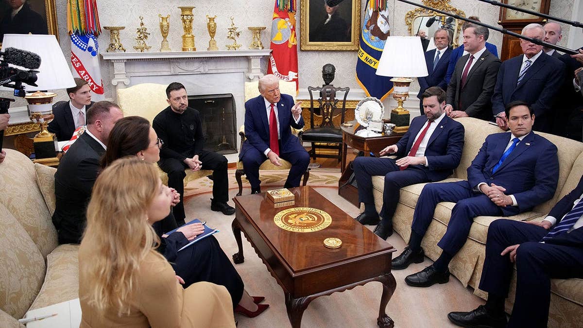 Donald Trump and Volodymyr Zelensky meet in the Oval Office at the White House.