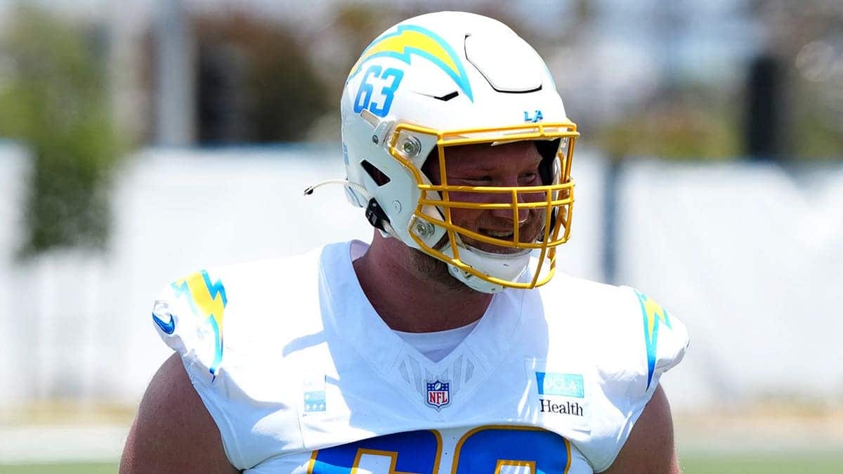 Tyler Biadasz, Los Angeles Chargers center, stands during minicamp.
