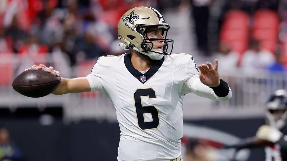 Tyler Shough throws an interception during a game at Mercedes-Benz Stadium.