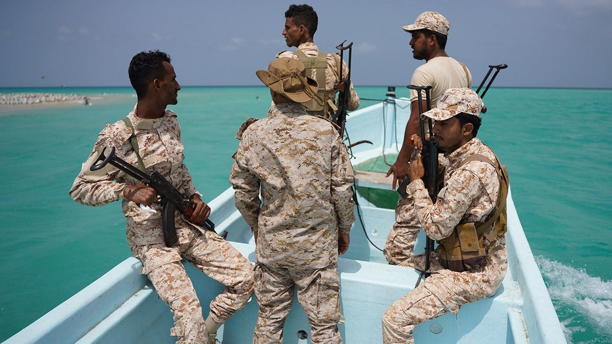 Yemeni soldiers patrolling the strategic Bab el-Mandeb Strait.