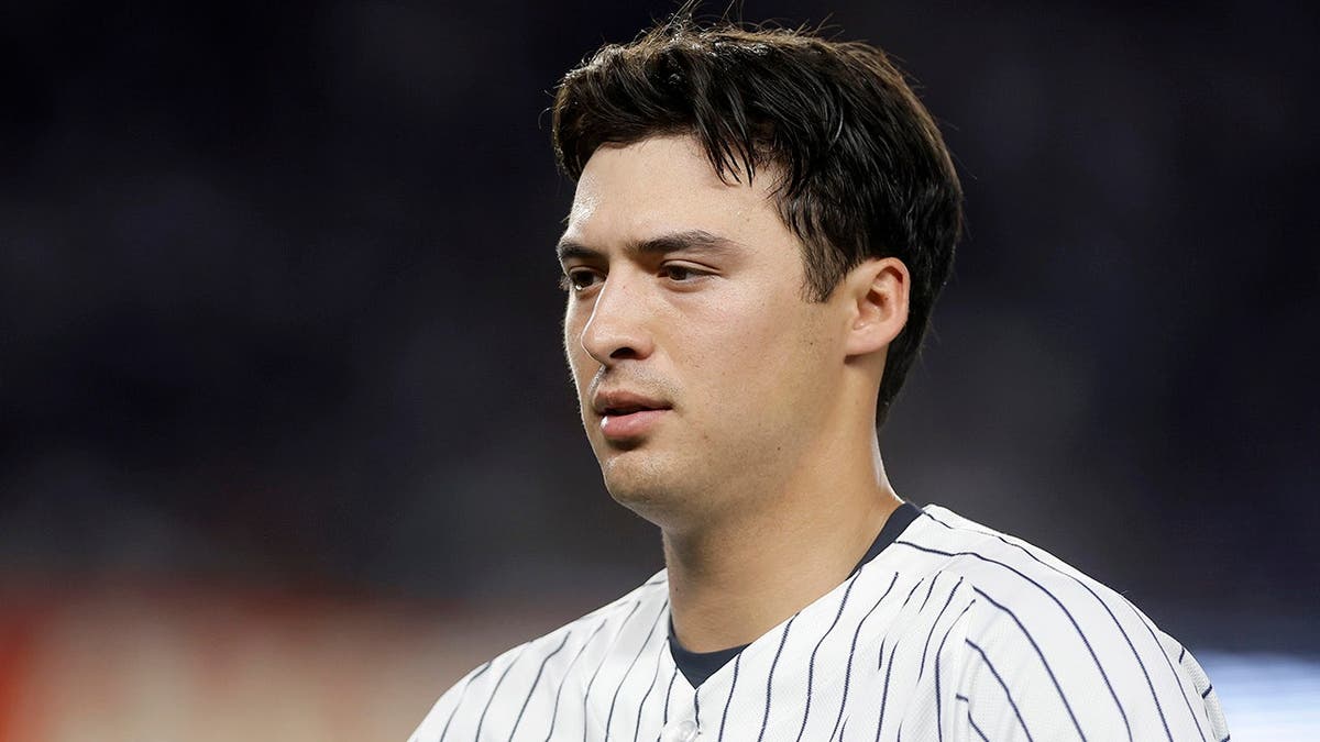 Anthony Volpe of the New York Yankees looks on at Yankee Stadium.