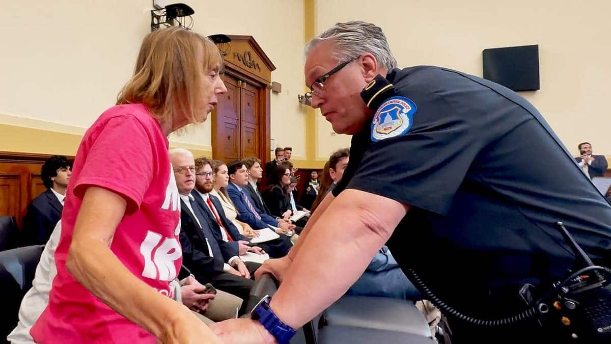 On Sept. 15, 2026, CodePink co-founder Medea Benjamin and her fellow activists are being escorted out of a House subcommittee hearing on