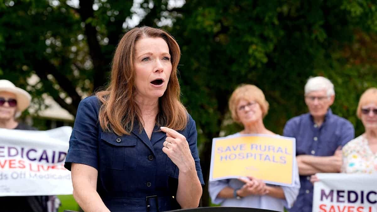 Christina Bohannan speaking at a press conference at Washington County Hospitals & Clinics.