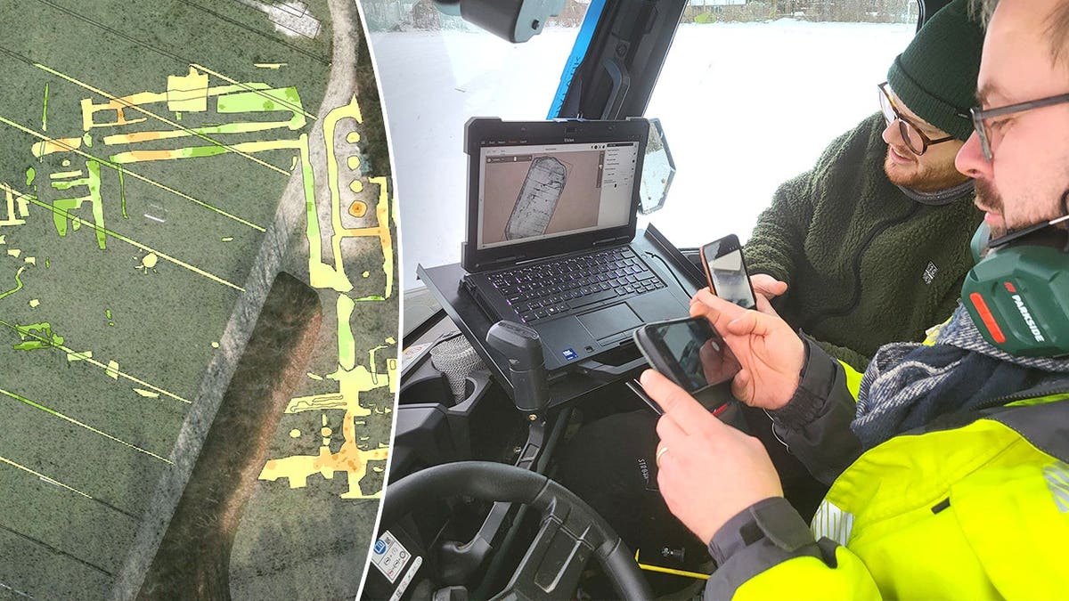 View of radar scan next to researchers observing site in car