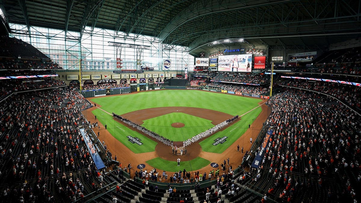 Daikin Park stadium exterior before a baseball game in Houston.