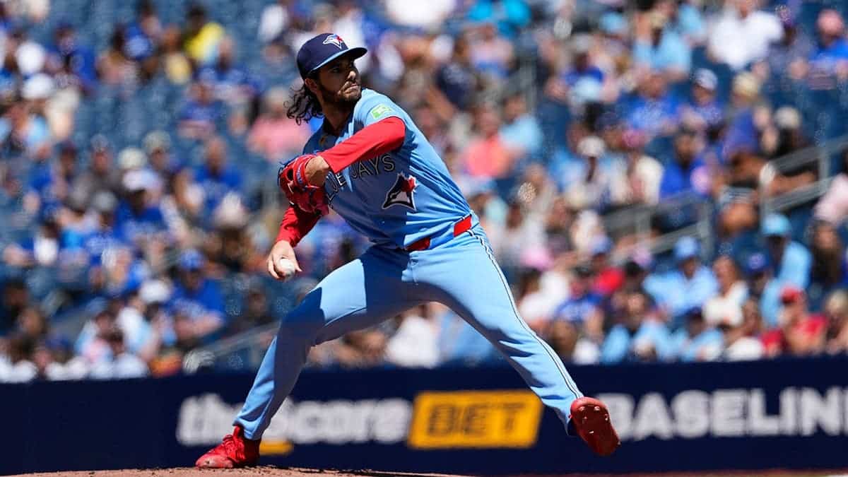 Jun 27, 2026; Toronto, Ontario, CAN; Toronto Blue Jays pitcher Dylan Cease (84) pitches to the Texas Rangers during the first inning at Rogers Centre. Mandatory Credit: Kevin Sousa-Imagn Images