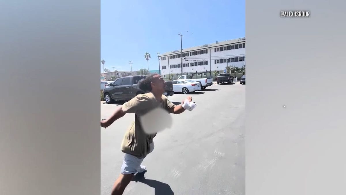 Juan Antonio Gonzaba flees after driving an allegedly stolen Tesla through a pedestrian walkway