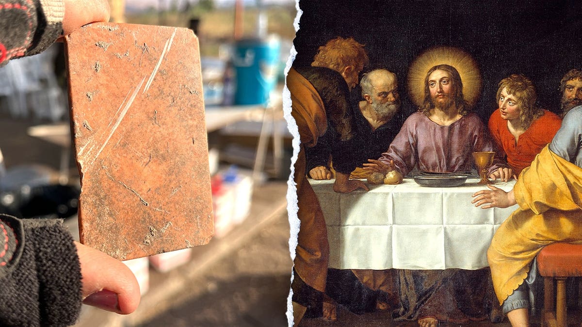 Split image of brick found at site, painting of Jesus praying