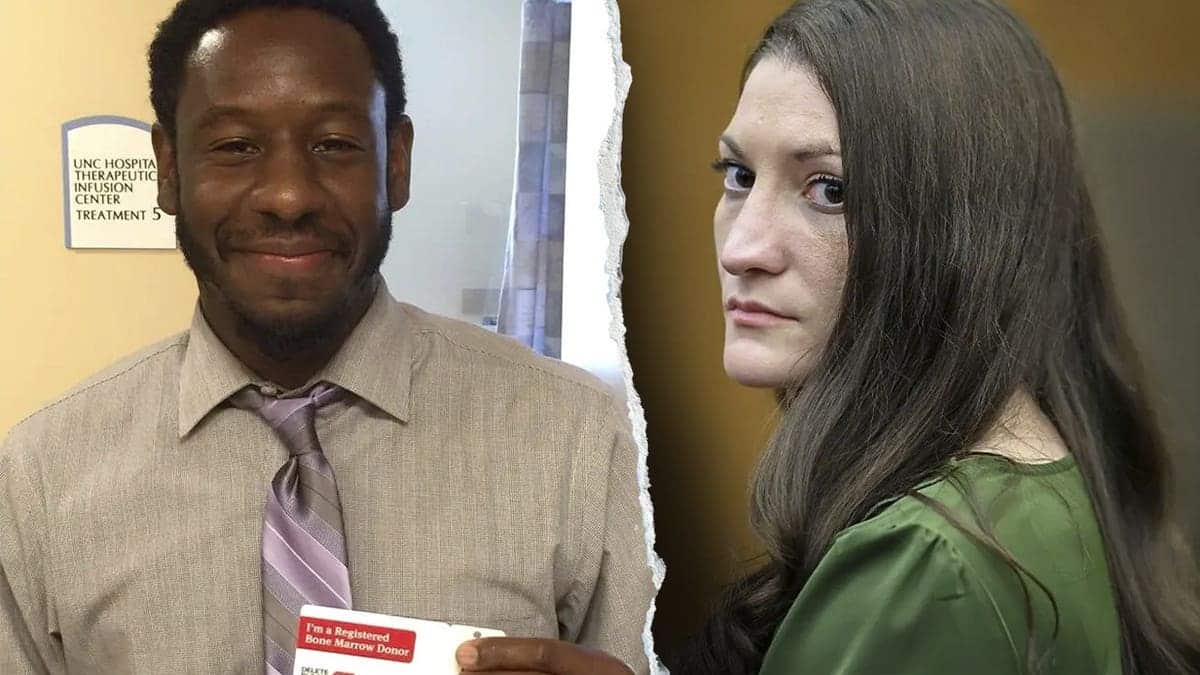 Split image. At left, a man in a tan dress shirt and lavender striped tie smiles while holding a registered bone marrow donor card at a hospital infusion center. At right, a woman with long dark hair in a green top looks over her shoulder in a courtroom.