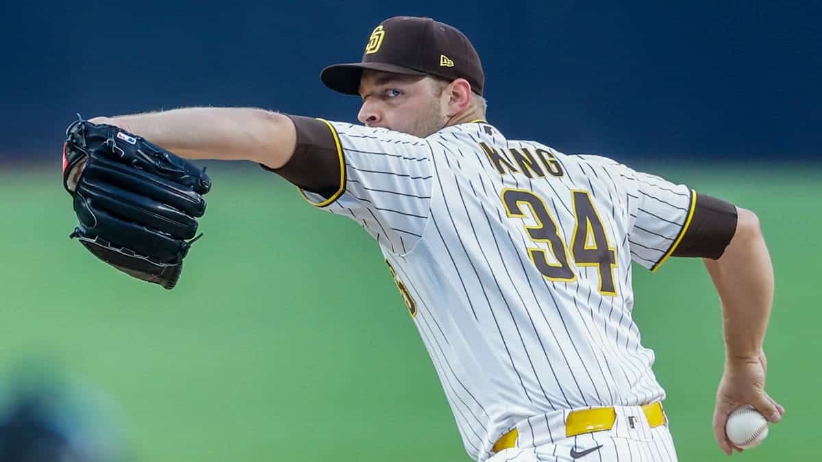 Michael King throws a pitch at Petco Park.
