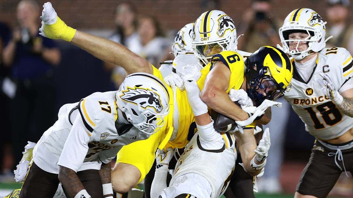 JJ Buchanan #6 of the Michigan Wolverines catches a pass at Michigan Stadium.