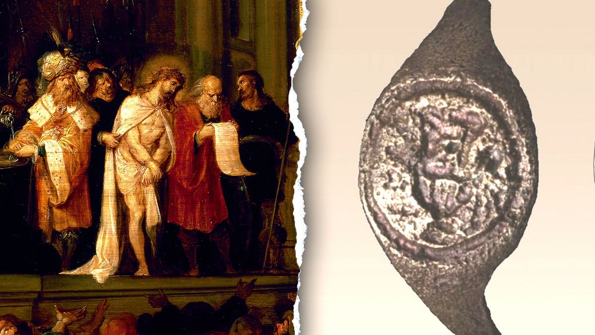 Split image of Jesus sentenced to death, Pilate ring