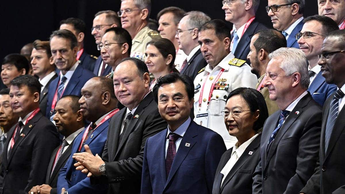 Philippines Defense Minister Gilberto Teodoso (5th from right) can be seen on stage with other world leaders during the opening ceremony of the 15th Seoul Defense Dialogue (SSD) in Seoul on September 8, 2026.
