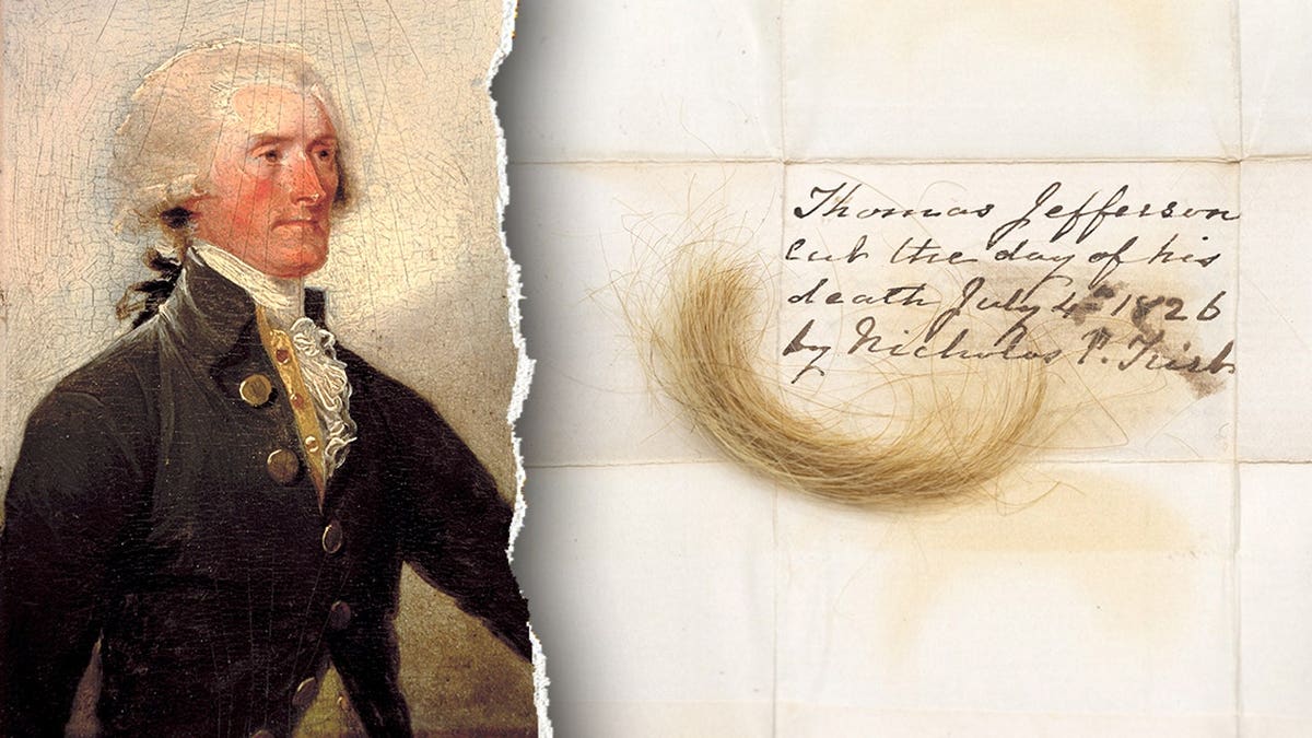Portrait of Jefferson next to image of hair and letter