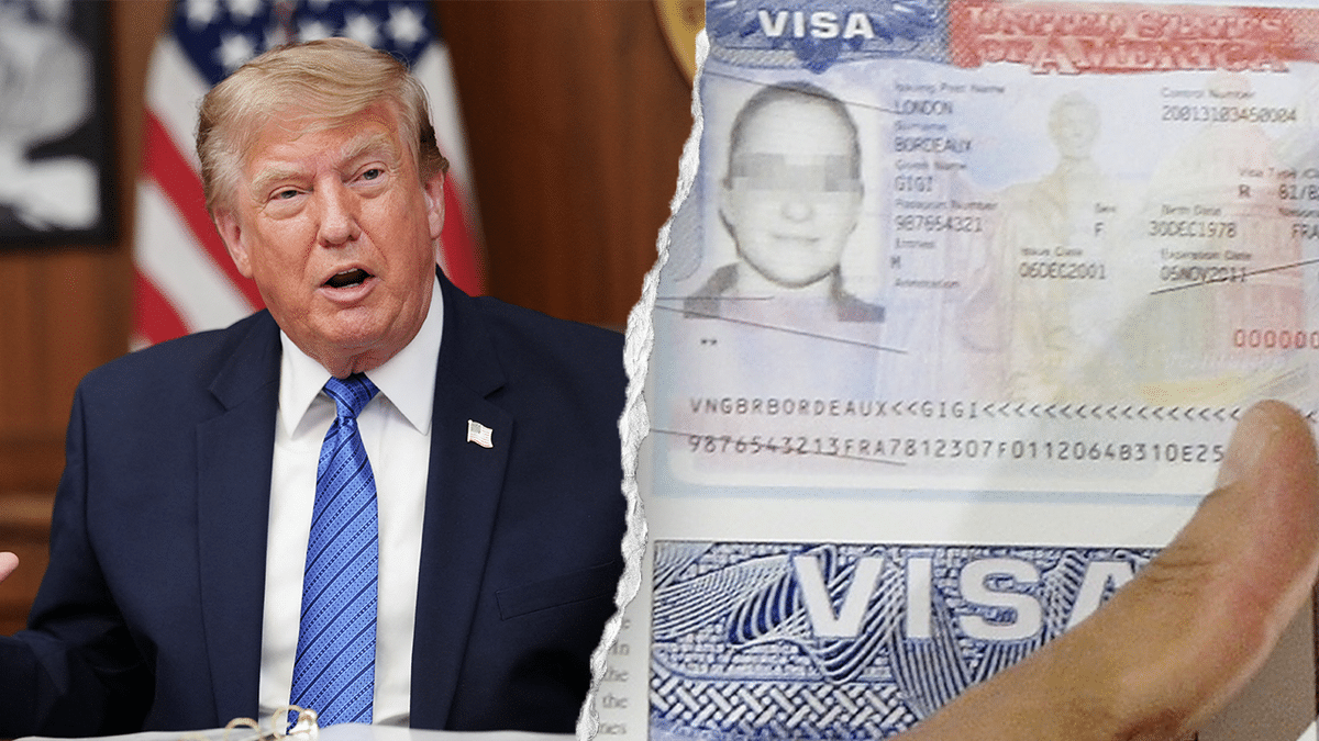 A split image of President Donald Trump with an image of a visa