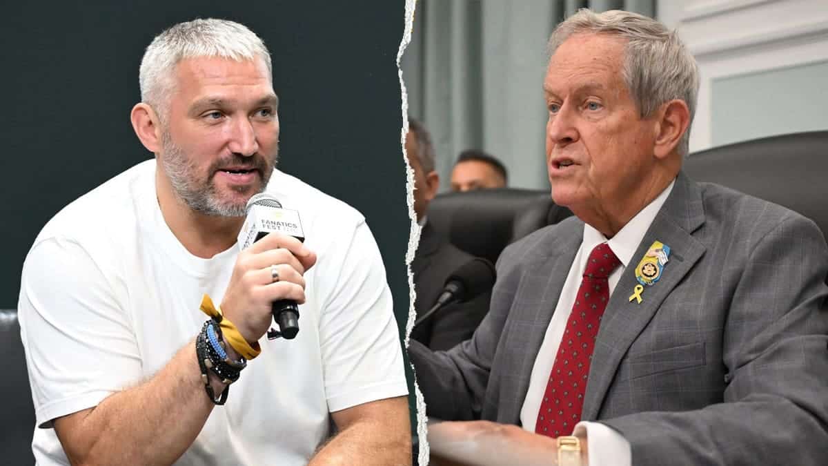 Alex Ovechkin speaking at Fanatics Fest alongside Rep. Joe Wilson, R-S.C., in a split-image composite.