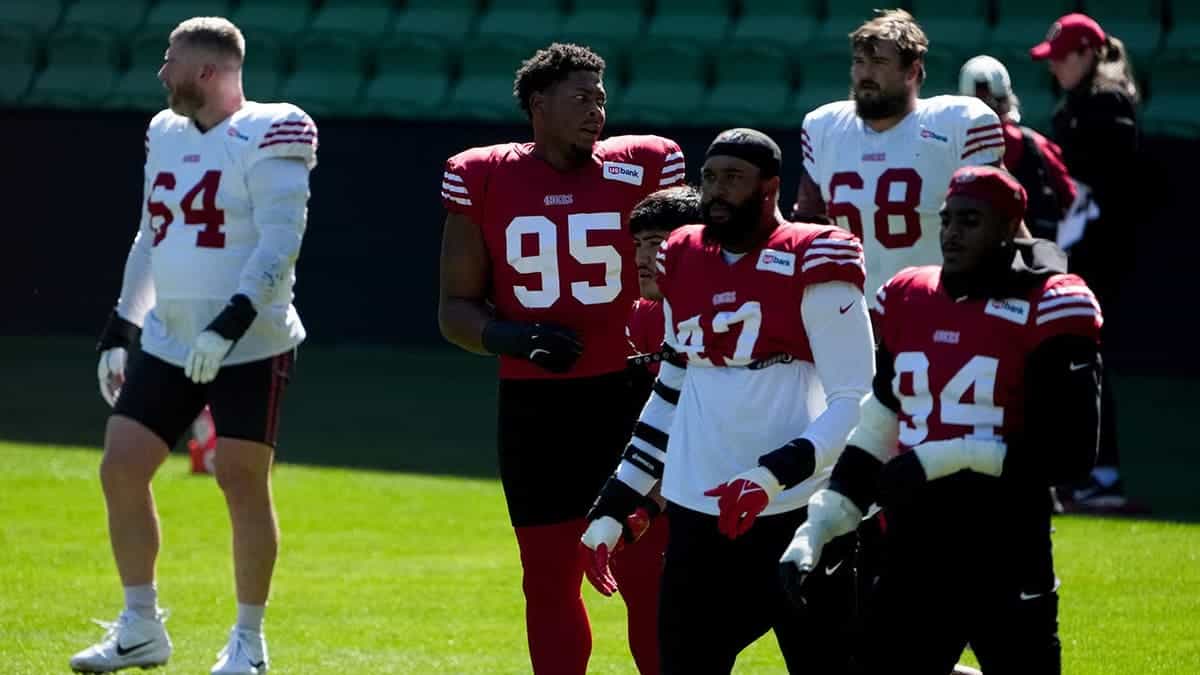 Alfred Collins, San Francisco 49ers defensive lineman, works out during practice in Melbourne, Australia.