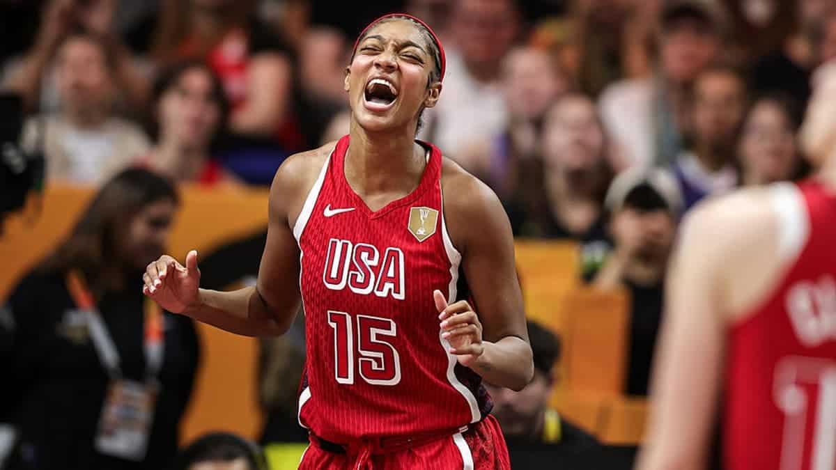 Angel Reese reacts during the FIBA Women's Basketball World Cup semifinal in Berlin.
