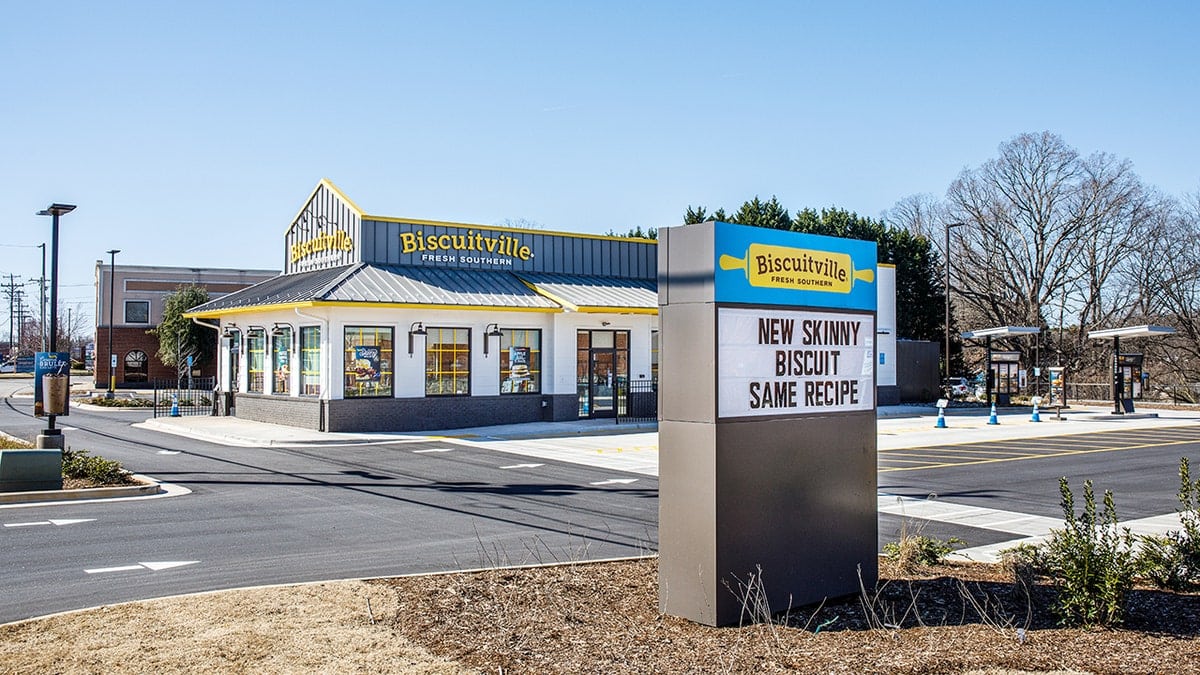 The exterior of a Biscuitville in Hickory, North Carolina, in the daytime.