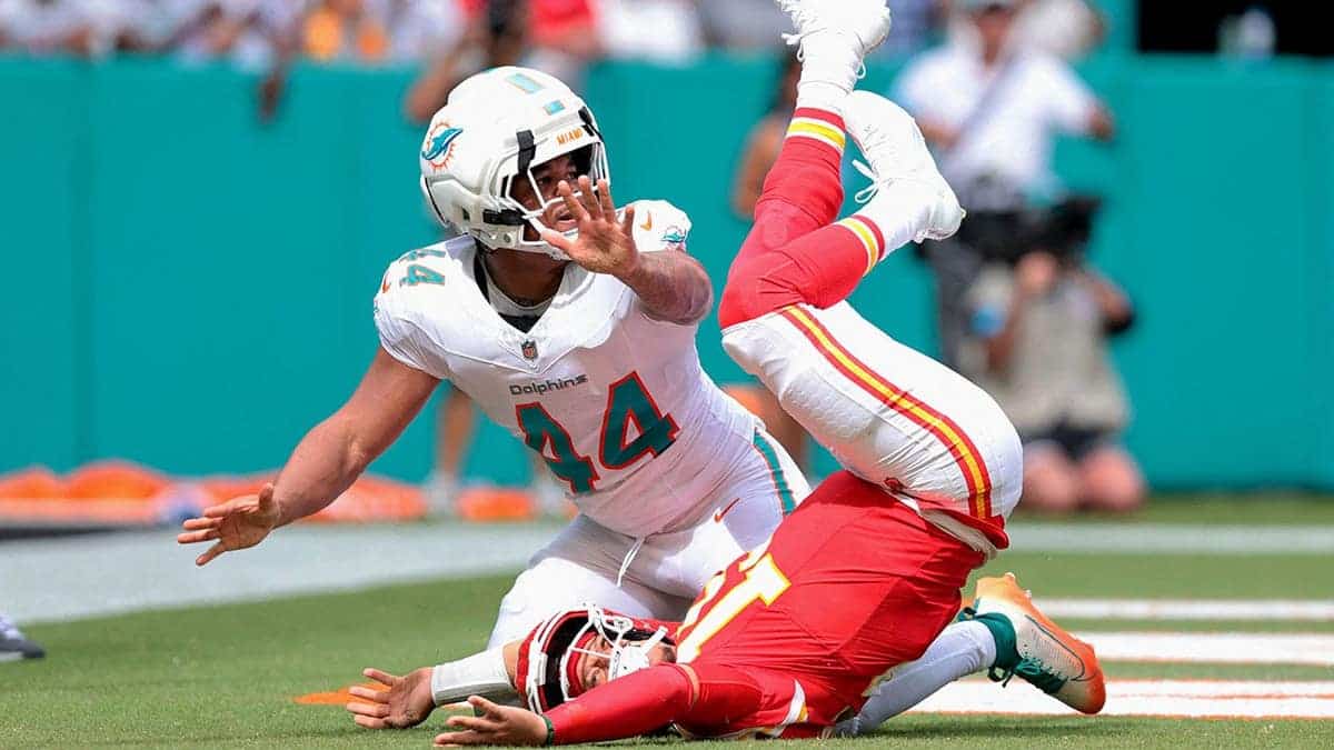 Chop Robinson reacts after hitting Patrick Mahomes during a game at Hard Rock Stadium.