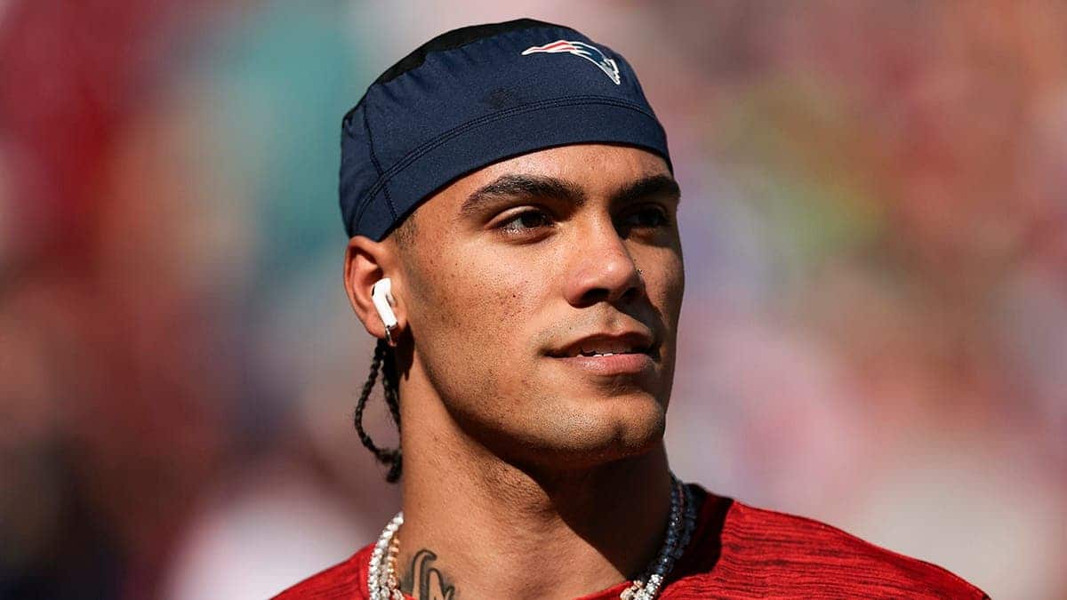Christian Gonzalez of the New England Patriots looking on at Levi's Stadium