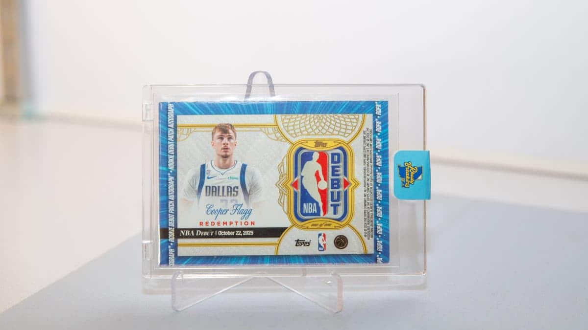 Cooper Flagg 1-of-1 Rookie Debut Patch Autograph card displayed at Baseball Cards of Rhode Island.