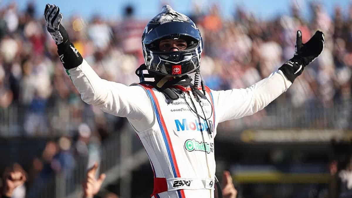 Corey Heim celebrates after winning the NASCAR Cup Series Anduril 250 at Naval Base Coronado.