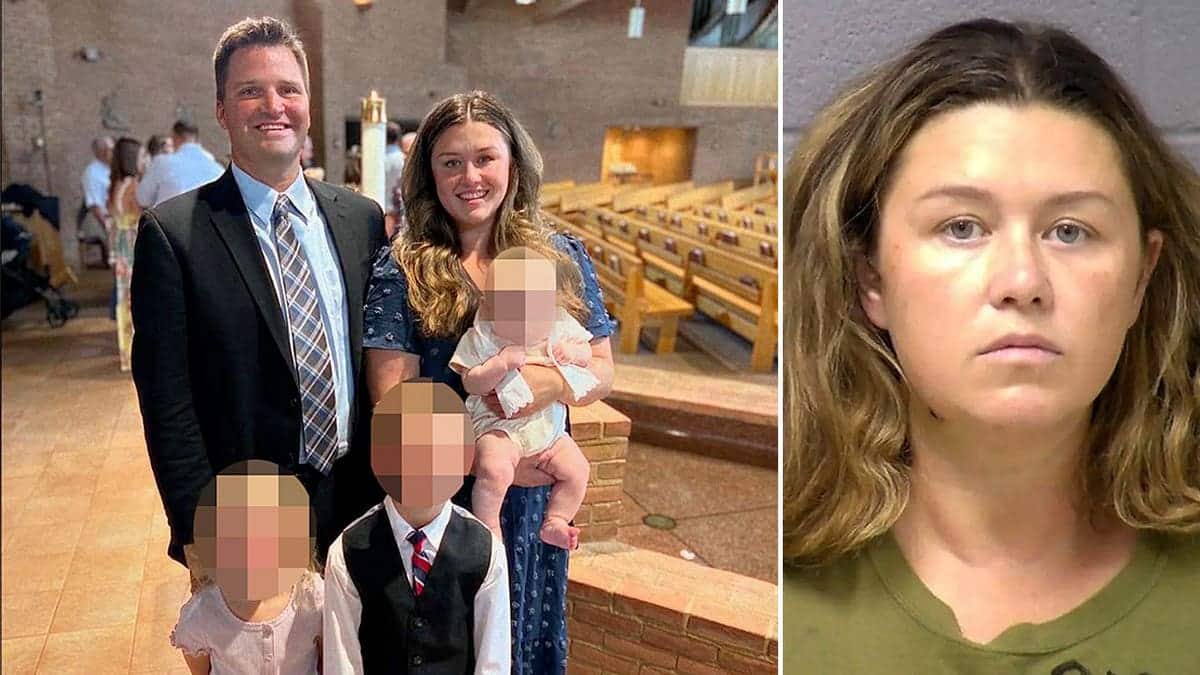 A split photo showing Corie Walsh smiling with her family inside a church on the left, next to her booking mugshot on the right.