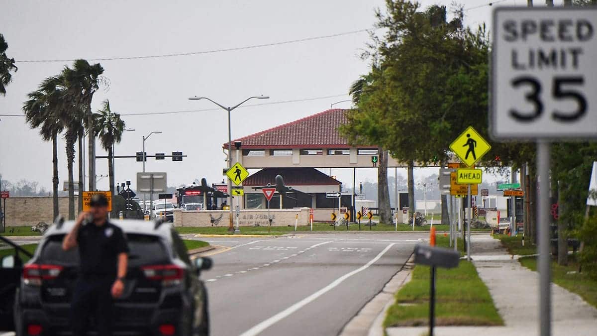 Tampa Police Department officers block traffic along South Dale Mabry Highway near MacDill Air Force Base.
