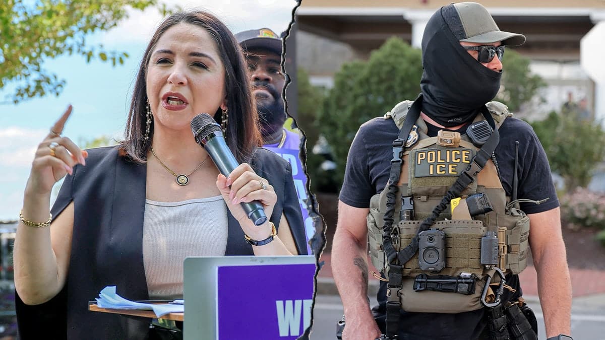 A split image of Rep. Delia Ramirez and an ICE agent