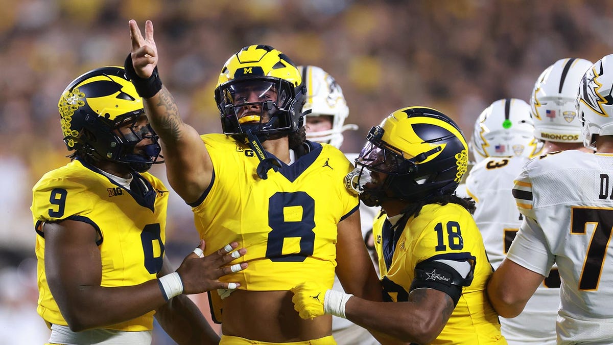 ANN ARBOR, MICHIGAN - SEPTEMBER 05: Dom Nichols #8 of the Michigan Wolverines reacts after a first half tackle against the Western Michigan Broncos at Michigan Stadium on September 05, 2026 in Ann Arbor, Michigan. (Photo by Gregory Shamus/Getty Images)