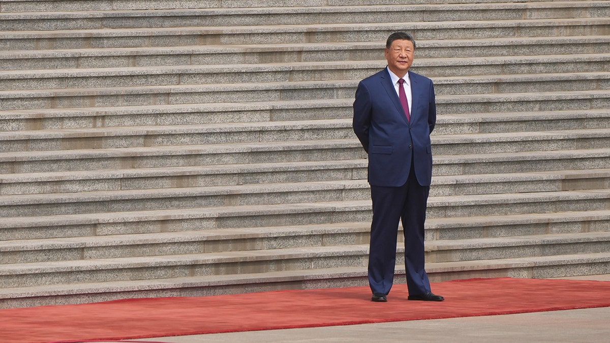 Xi Jinping stands on a red carpet in front of a large set of stone stairs.