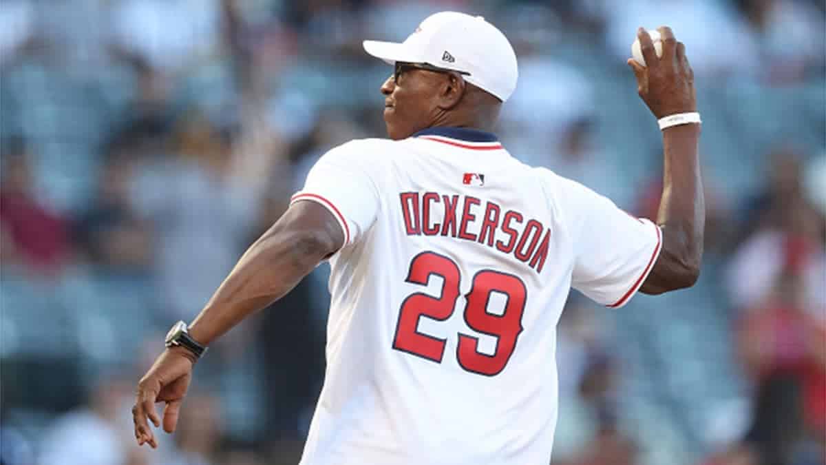 Eric Dickerson throws a ceremonial first pitch at Angel Stadium.