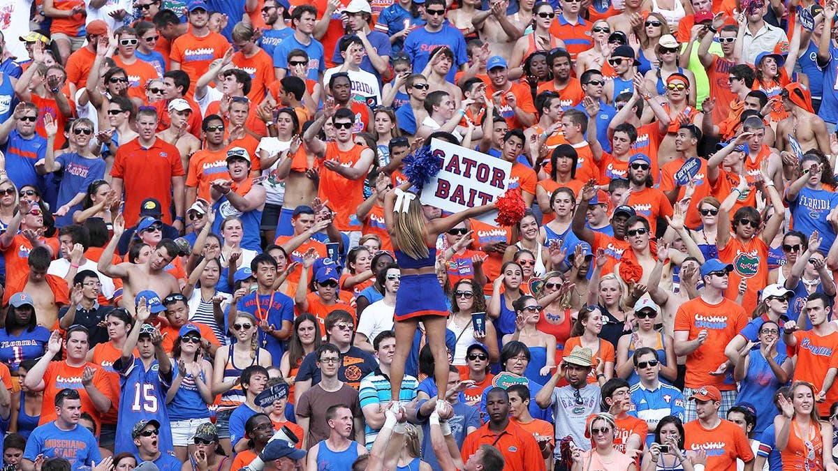 Florida Gators cheerleader and fans cheer during a football game at Ben Hill Griffin Stadium.
