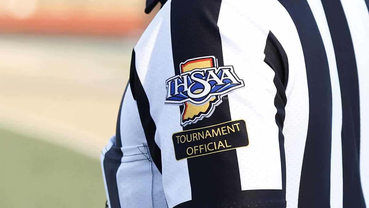 The IHSAA logo is seen on the sleeve of an official during a game between the Cathedral Fighting Irish and the Westfield Shamrocks on August 21, 2020 in Westfield, Indiana.