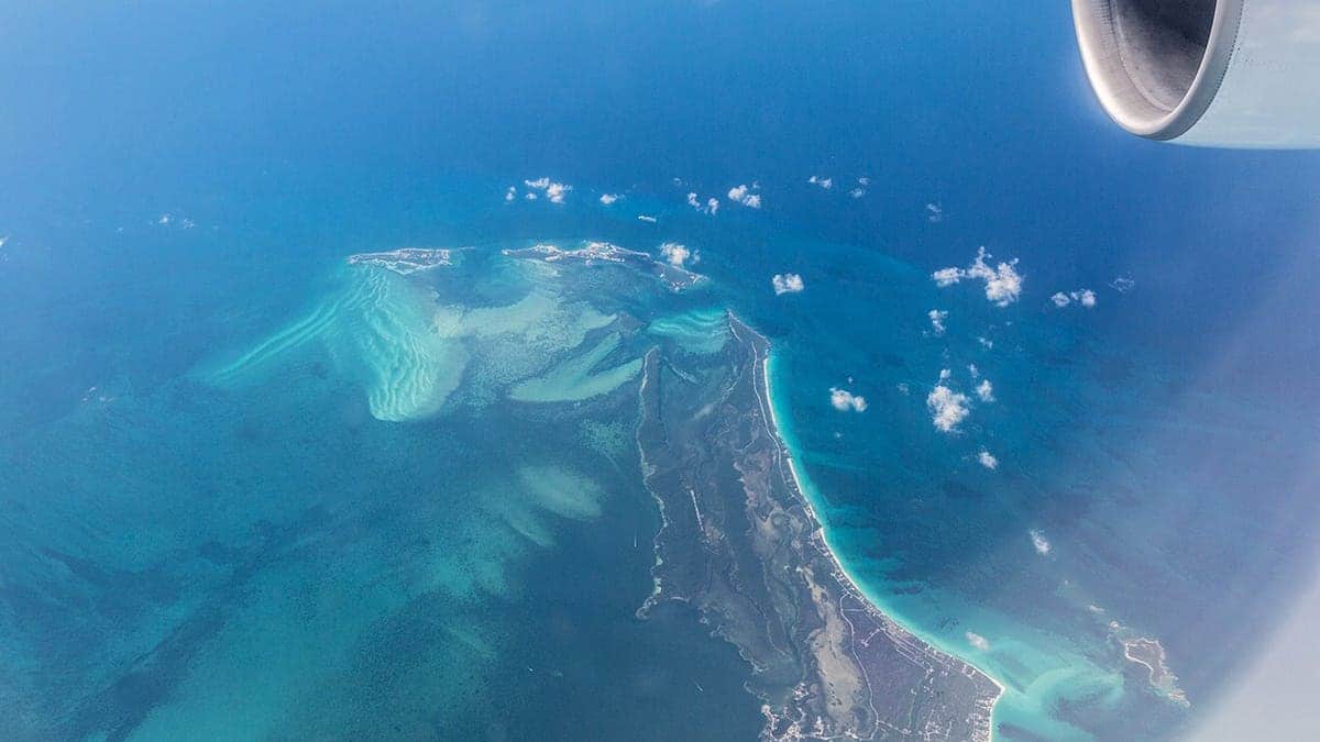 Great Harbour Cay is seen from an airplane during a flight from Spain to the Caribbean.