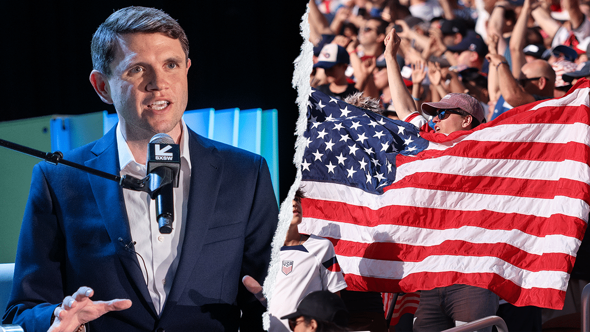 James Talarico aside from crowd holding up an American flag