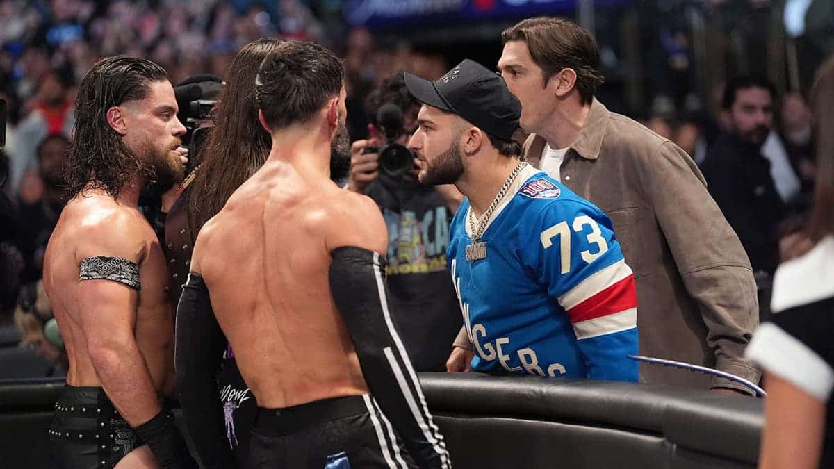 JD McDonagh, Dominik Mysterio and Finn Balor confront Andrew Schulz and Cam Skattebo during Monday Night RAW.