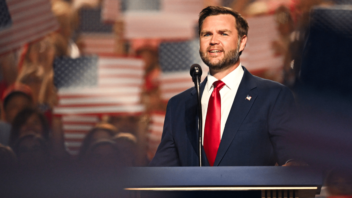 U.S. Vice President JD Vance speaks on stage on the second day of the 2026 Republican National Convention at the American Airlines Center.