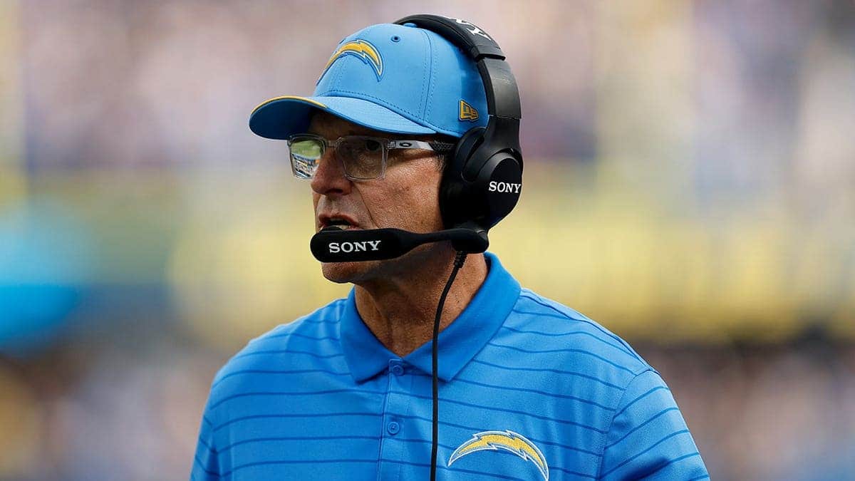 Jim Harbaugh reacts from the sideline during an NFL game against the Arizona Cardinals.