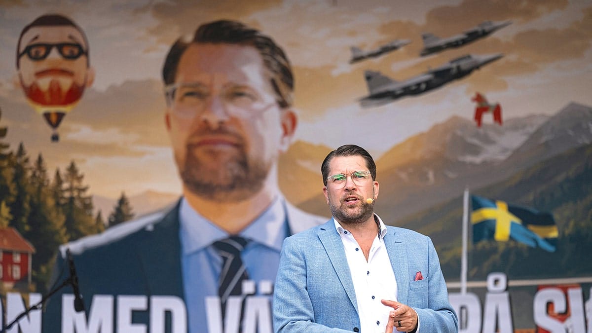 Sweden Democrats party leader Jimmie Akesson addresses an election campaign event at Sjodalsparken in Huddinge, near Stockholm, on Aug. 18, 2026, as part of his party's national campaign tour ahead of Sweden's upcoming general election in September.