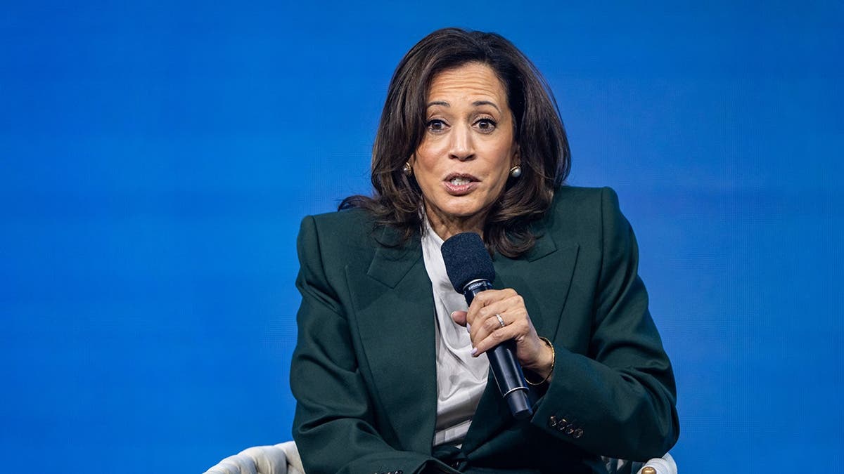 Kamala Harris speaks on stage during the Austrian World Summit in Vienna, Austria.