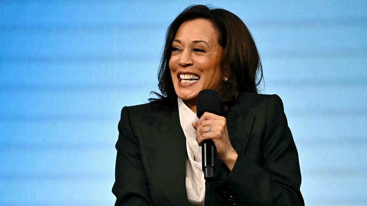 Former Vice President Kamala Harris smiles while holding a microphone
