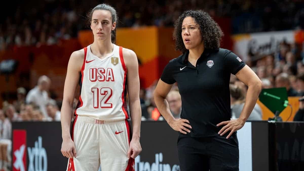 Caitlin Clark and Kara Lawson stand together during the FIBA Women's Basketball World Cup 2026 quarterfinals.