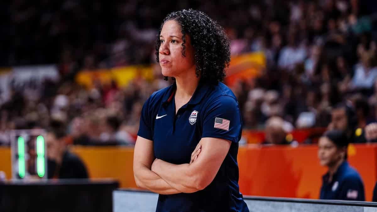 Kara Lawson, United States head coach, looks on during a basketball game.